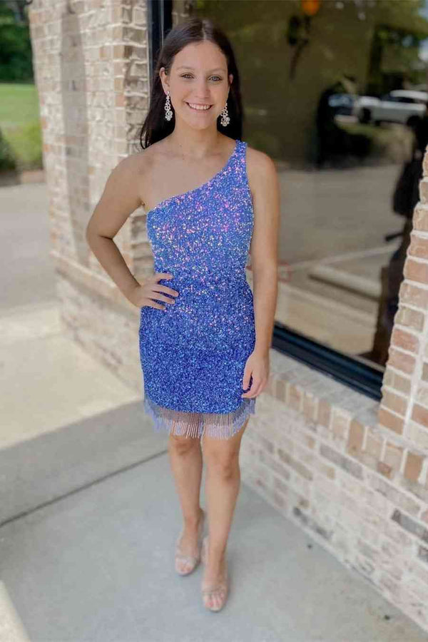 Fringe Hem Purple Sequins Bodycon Homecoming Dress