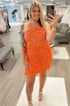 One Shoulder Sequined Orange Mini Homecoming Dress with Ferather