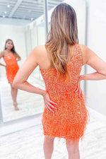 One Shoulder Sequined Orange Mini Homecoming Dress with Ferather