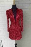 Tie Front Top Burgundy Long Sleeves Tight Homecoming Dress