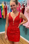 Short V-Neck Red Appliqued Homecoming Dress