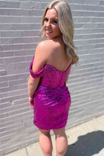 Fitted Off the Shoulder Fuchsia Sequined Mini Homecoming Dress