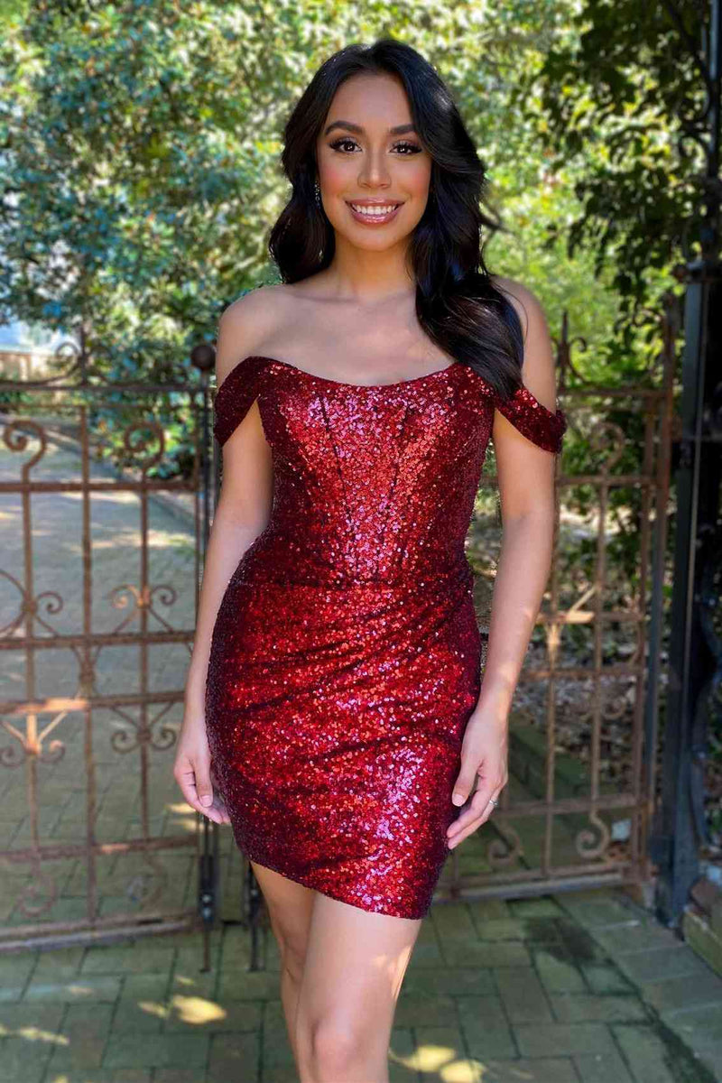 Fitted Off the Shoulder Fuchsia Sequined Mini Homecoming Dress