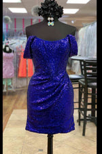 Fitted Off the Shoulder Fuchsia Sequined Mini Homecoming Dress