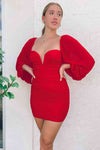 Red Sweetheart Fitted Short Party Dress with Bubble Sleeves