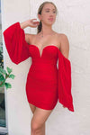 Red Sweetheart Fitted Short Party Dress with Bubble Sleeves