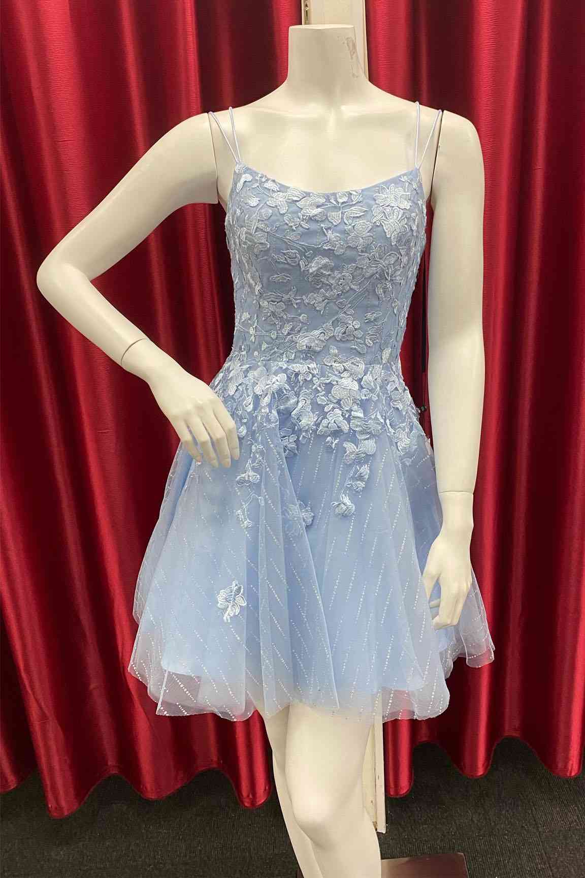 A-Line Princess Light Blue Appliqued Short Party Dress