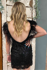 V-Back Feathered Black Sequins Fitted Homecoming Dress