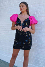 Black Sequined Mini Homecoming Dress with Hot Pink Puff Sleeves