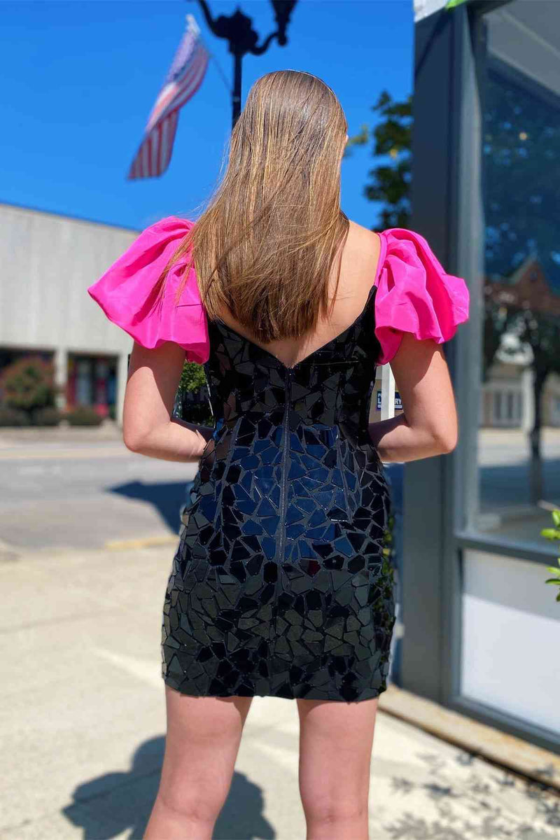 Black Sequined Mini Homecoming Dress with Hot Pink Puff Sleeves