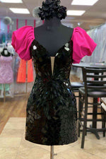 Black Sequined Mini Homecoming Dress with Hot Pink Puff Sleeves