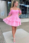 Pleated Hot Pink Cold Sleeves Tiered Tulle Party Dress