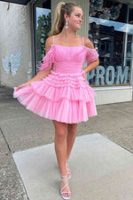 Pleated Hot Pink Cold Sleeves Tiered Tulle Party Dress