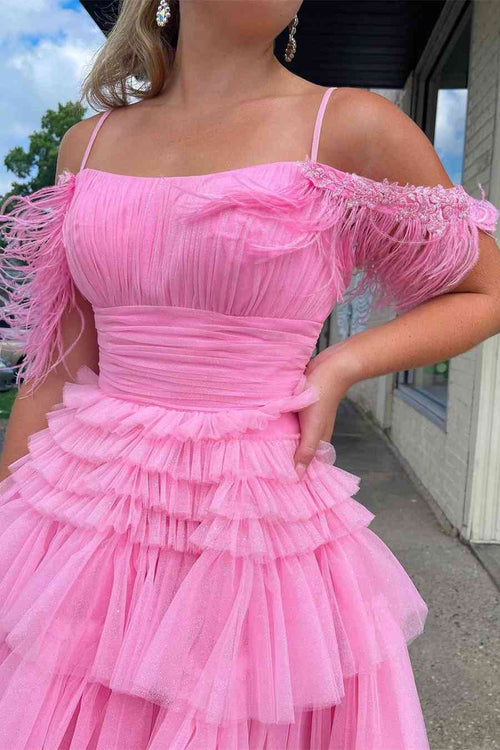 Pleated Hot Pink Cold Sleeves Tiered Tulle Party Dress