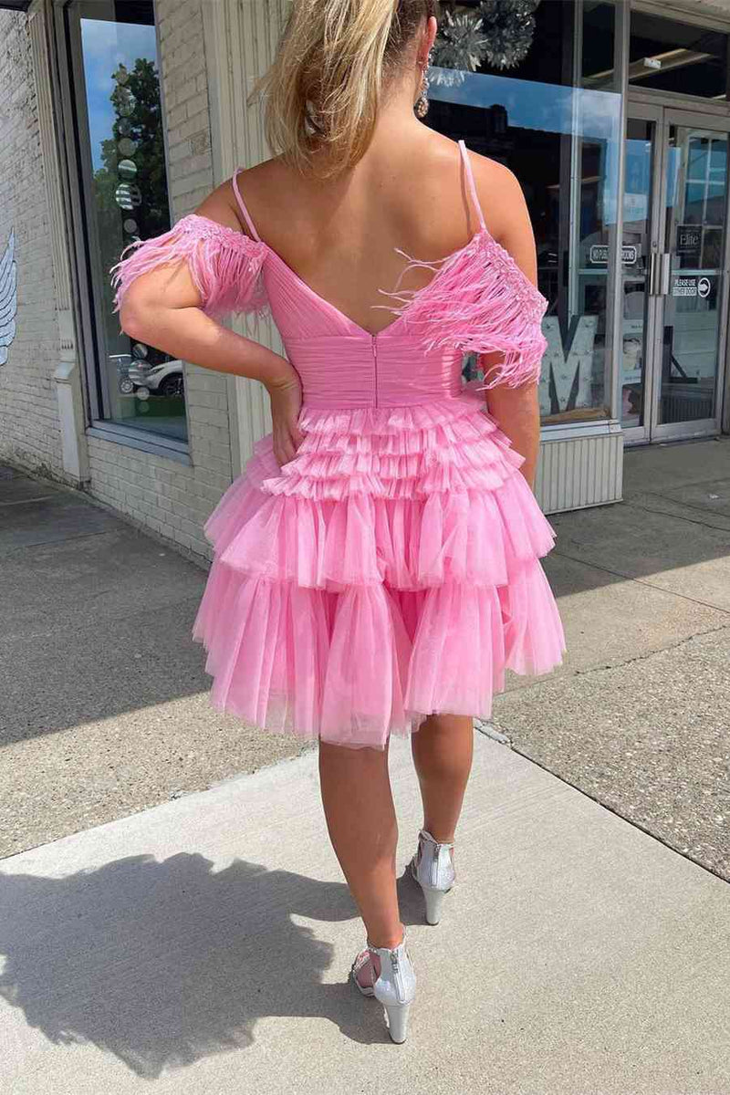 Pleated Hot Pink Cold Sleeves Tiered Tulle Party Dress