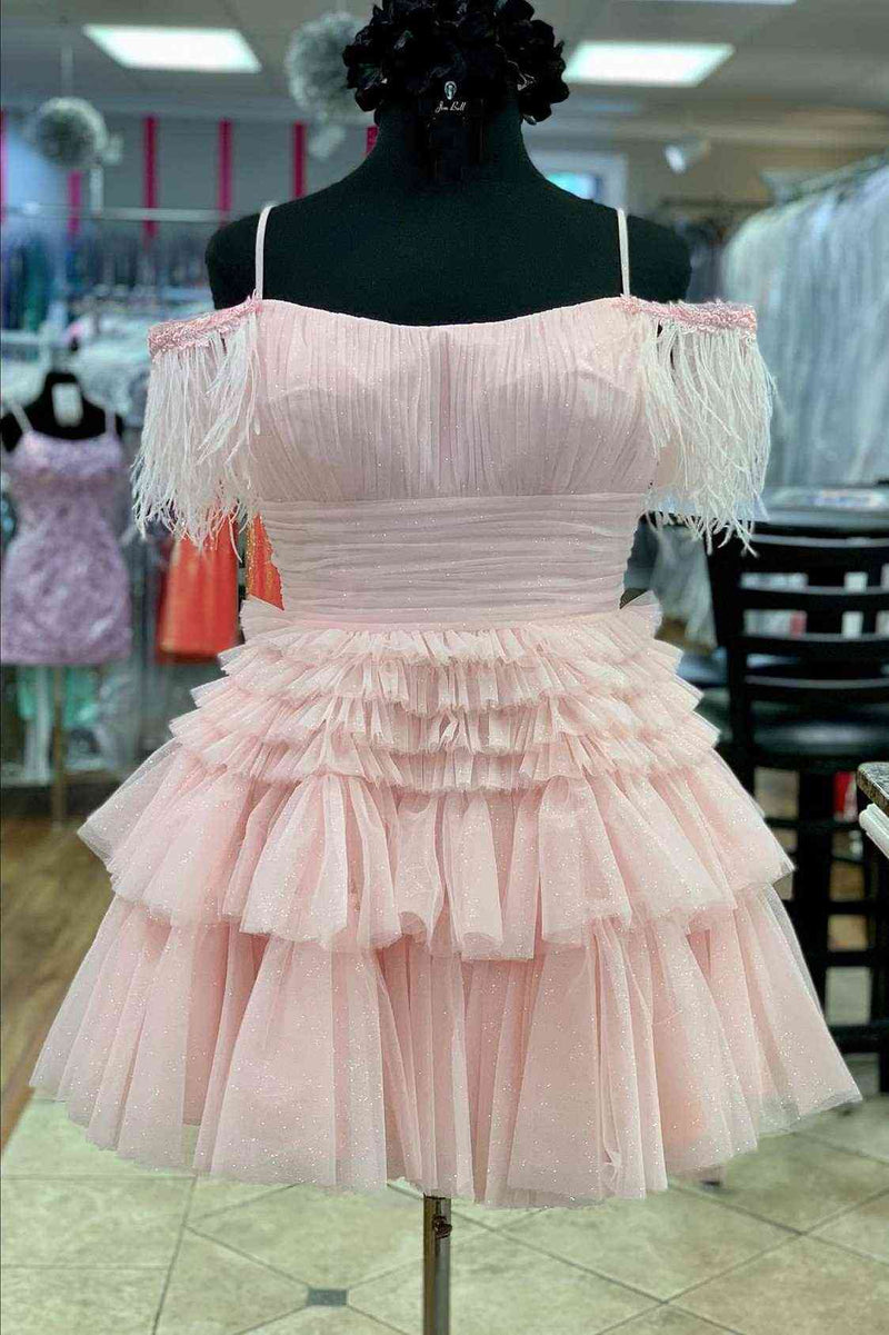 Pleated Hot Pink Cold Sleeves Tiered Tulle Party Dress