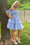 Pleated Hot Pink Cold Sleeves Tiered Tulle Party Dress