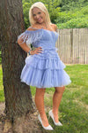 Pleated Hot Pink Cold Sleeves Tiered Tulle Party Dress