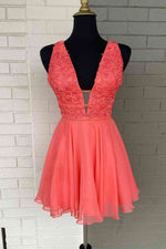 Appliqued Top Coral V-Neck Short Party Dress