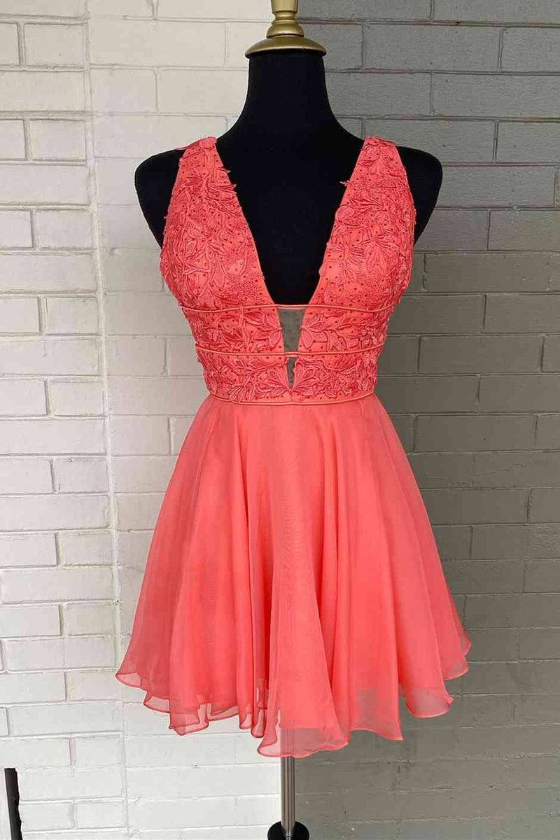 Appliqued Top Coral V-Neck Short Party Dress