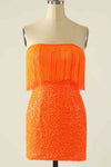 Strapless Orange Sequins Fitted Homecoming Dress with Tassel