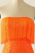 Strapless Orange Sequins Fitted Homecoming Dress with Tassel