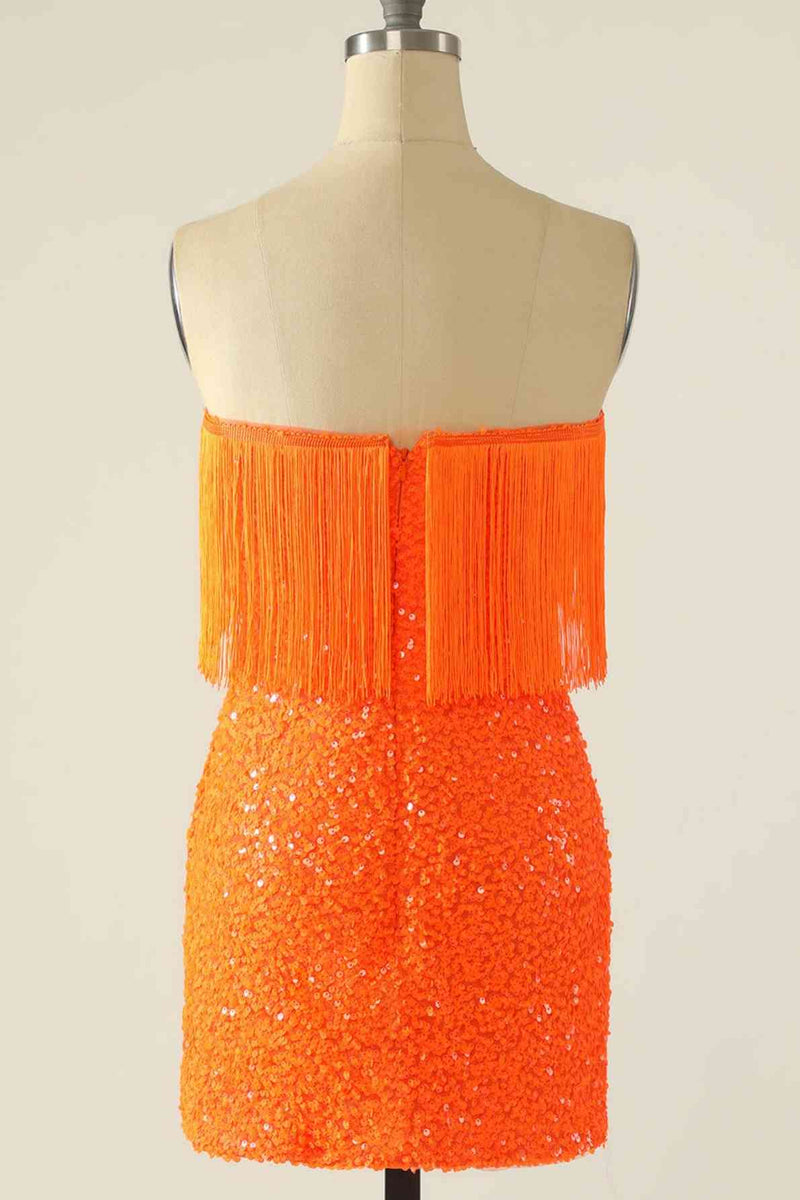 Strapless Orange Sequins Fitted Homecoming Dress with Tassel