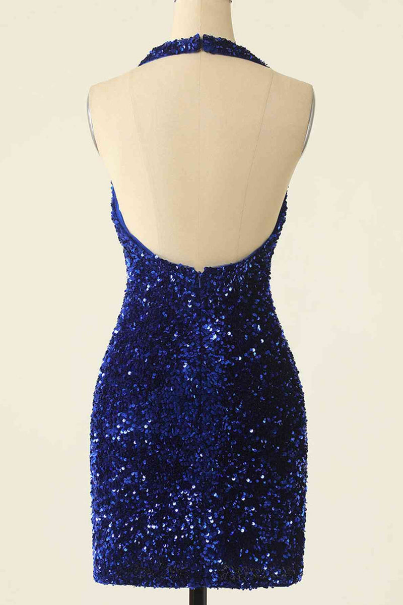 Fitted Backless Halter Royal Blue Sequined Homecoming Dress