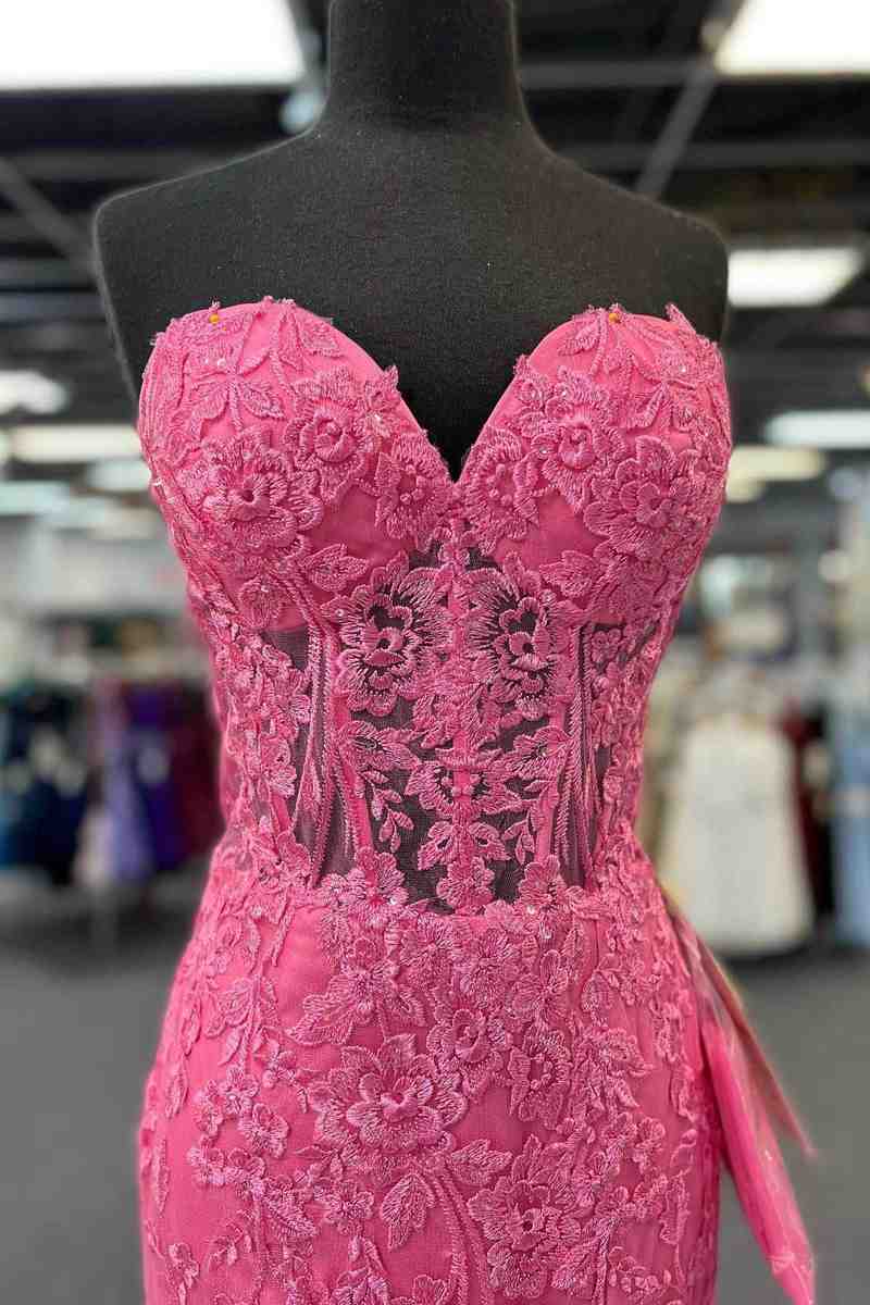 Mermaid Strapless Hot Pink Corset Appliques Long Formal Dress – FancyVestido