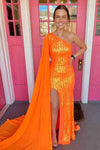 Neon Orange Sequins One Shoulder Cape Long Prom Dress