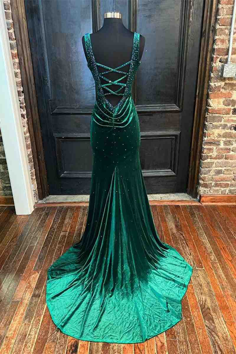 V-Neck Dark Green Velvet Long Prom Dress with Rhinestones