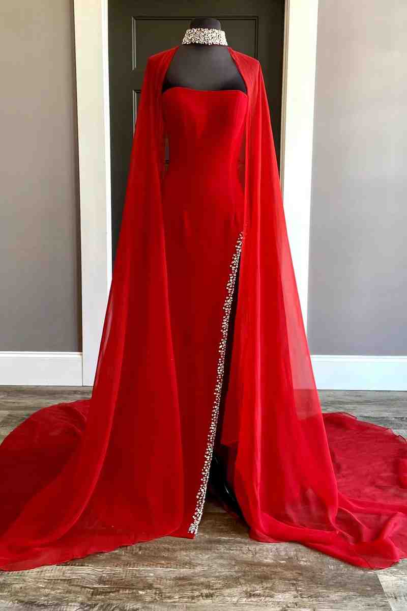 Strapless Beaded Side Slit Red Long Prom Dress with Cape FancyVestido Strapless Beaded Side Slit Red Long Prom Dress with Cape FancyVestido