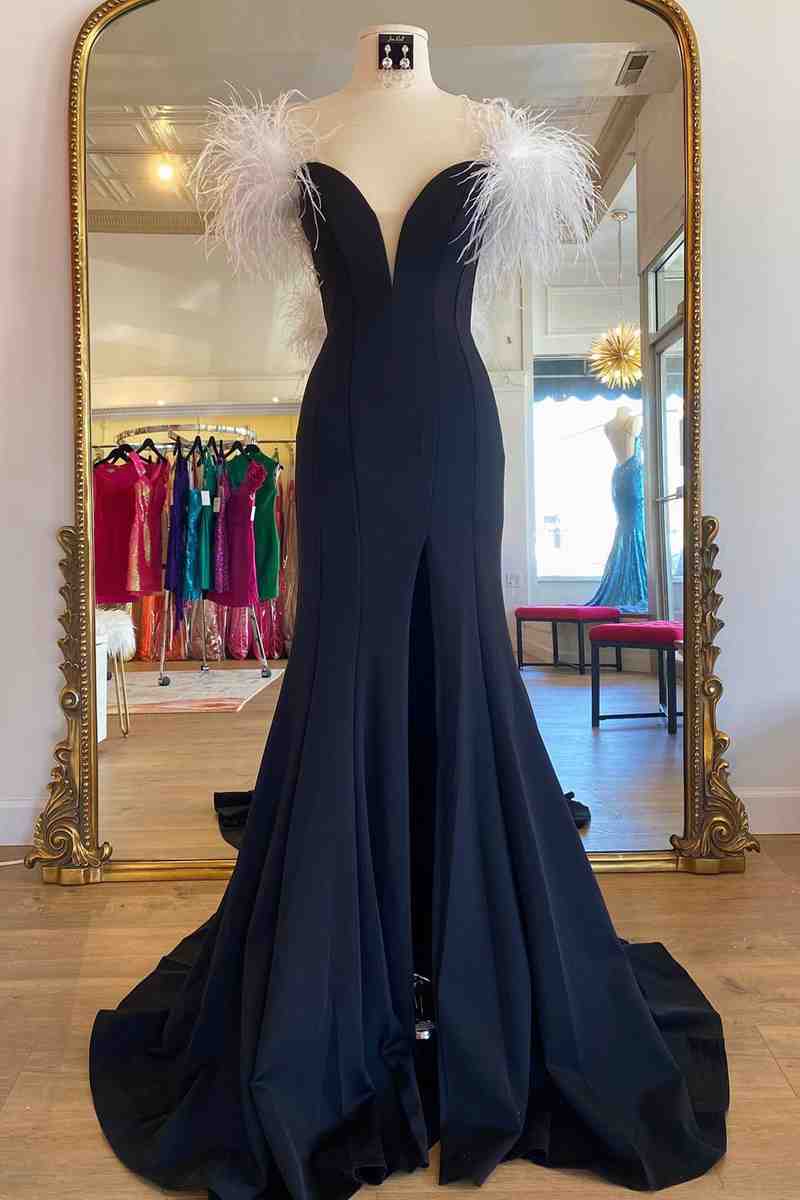 Long Black High Slit Prom Dress with White Feather FancyVestido Long Black High Slit Prom Dress with White Feather FancyVestido