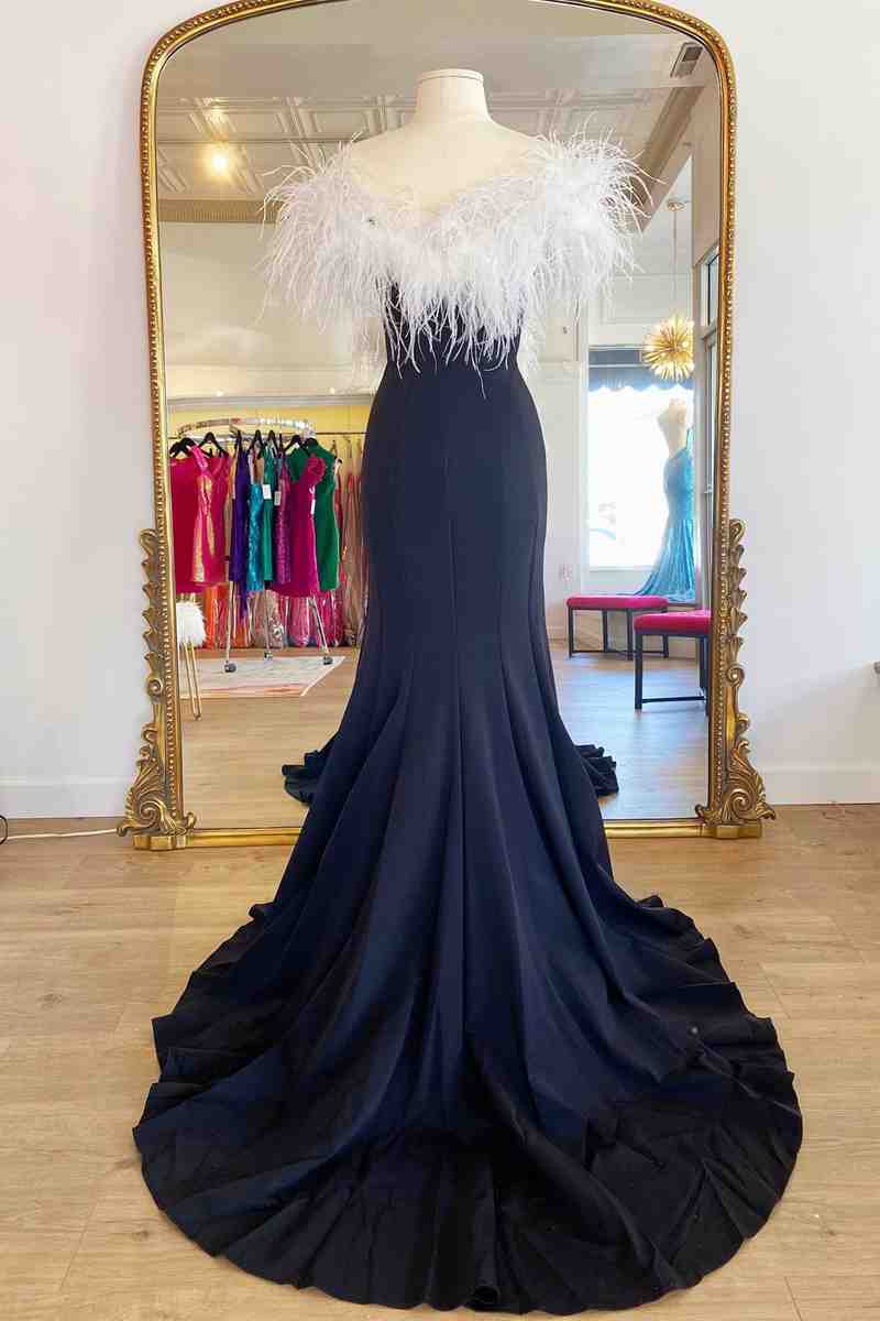 Long Black High Slit Prom Dress with White Feather