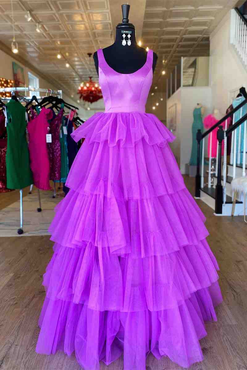 A-Line Crew Neck Lilac Tiered Tulle Long Formal Dress