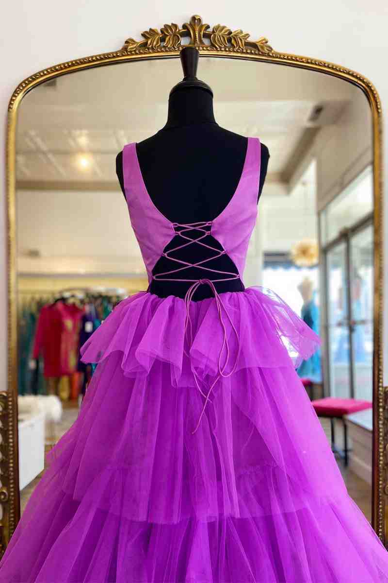 A-Line Crew Neck Lilac Tiered Tulle Long Formal Dress