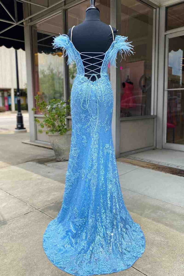 Light Blue Appliques Long Prom Dress with Detachable Feathered Shoulder