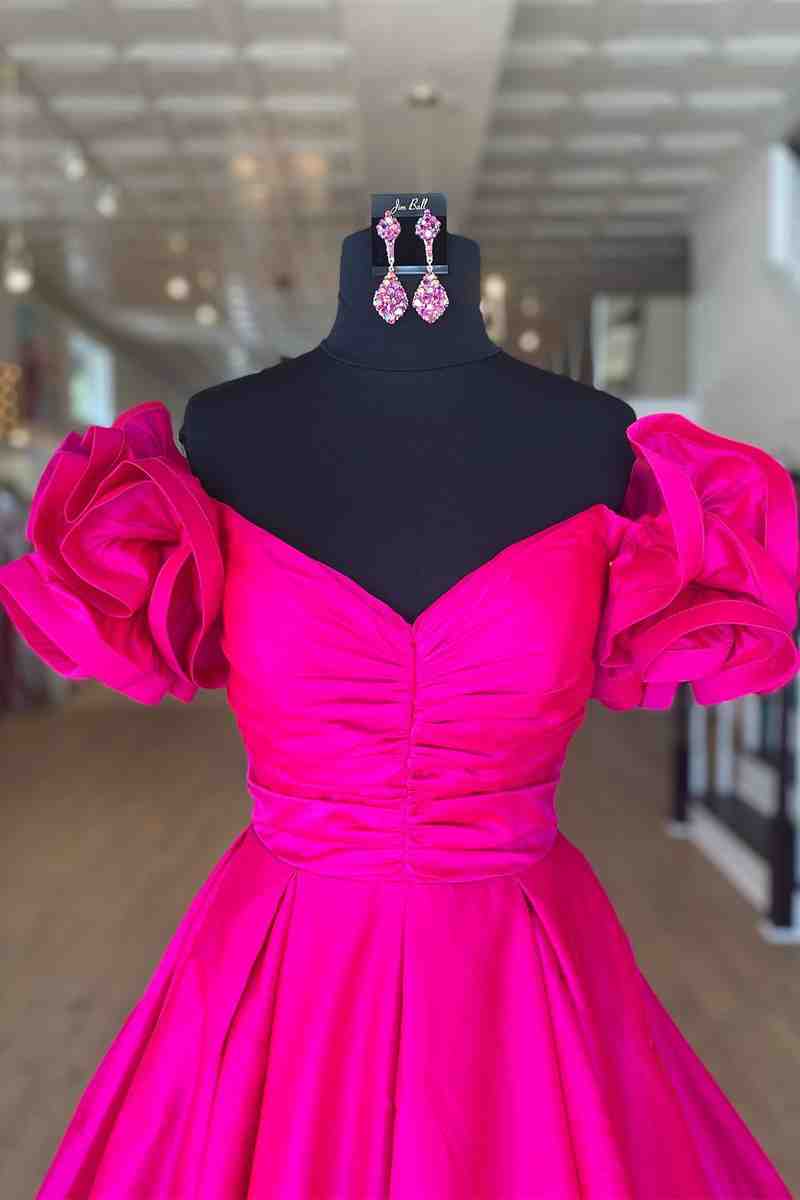A-Line Ruffle Shoulder Fuchsia Satin Long Formal Dress