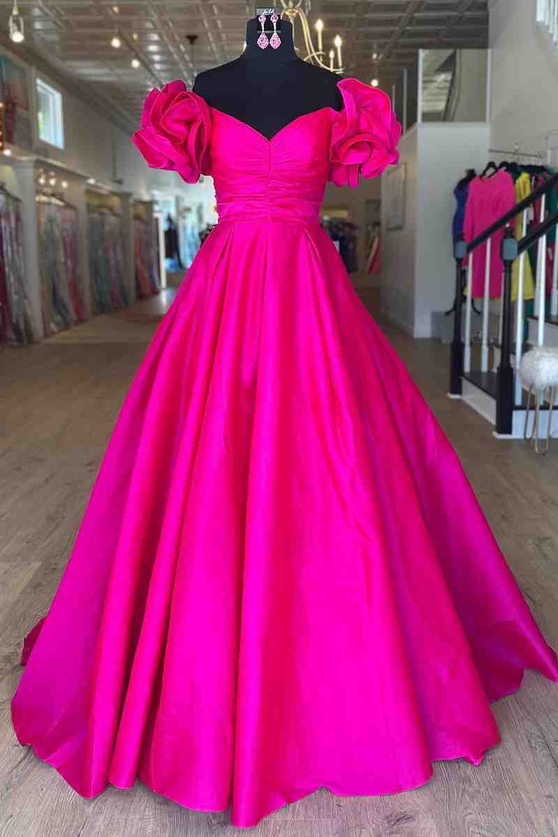 A-Line Ruffle Shoulder Fuchsia Satin Long Formal Dress