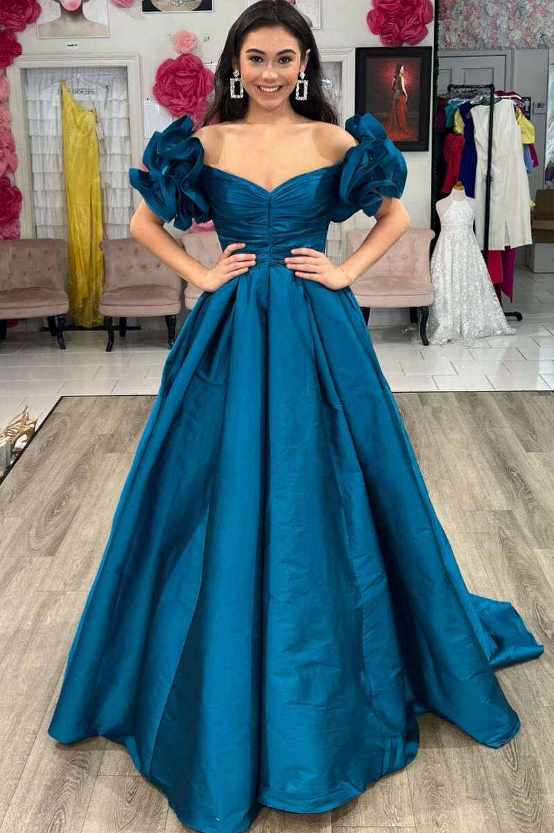Off The Shoulder Blue Ruffles Satin Prom Dress Off The Shoulder Blue Ruffles Satin Prom Dress