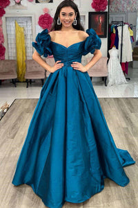 A-Line Ruffle Shoulder Fuchsia Satin Long Formal Dress