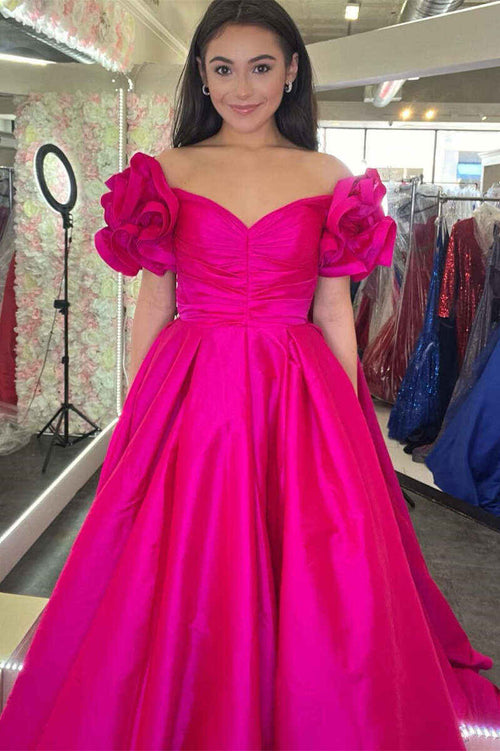 A-Line Ruffle Shoulder Fuchsia Satin Long Formal Dress