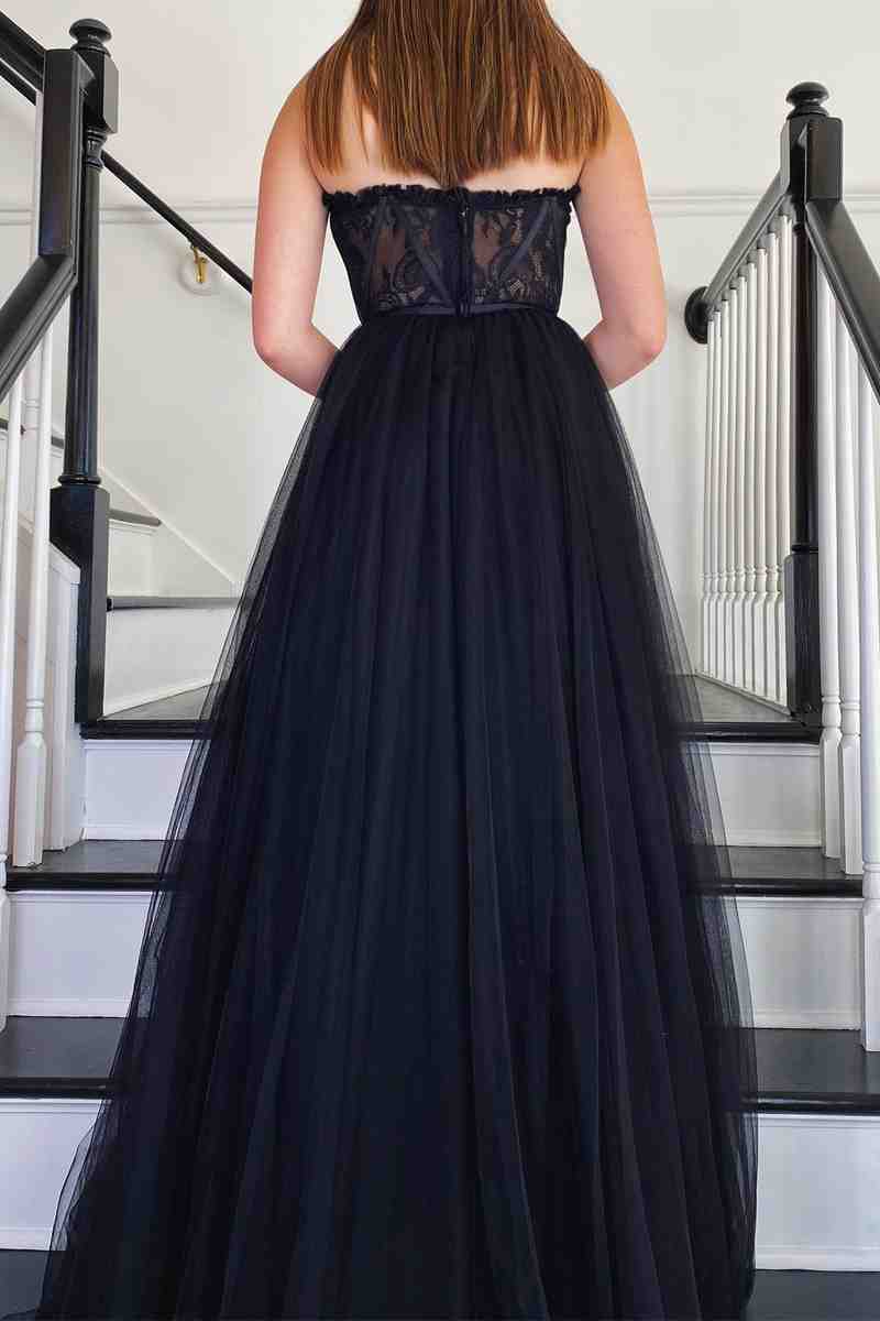 Sweetheart Black Corset Lace Tulle Long Prom Dress – FancyVestido