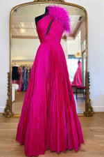 Pleated Feather One Shoulder Fuchsia Long Prom Dress