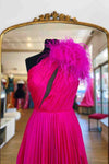 Pleated Feather One Shoulder Fuchsia Long Prom Dress