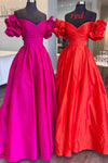 A-Line Ruffle Shoulder Fuchsia Satin Long Formal Dress