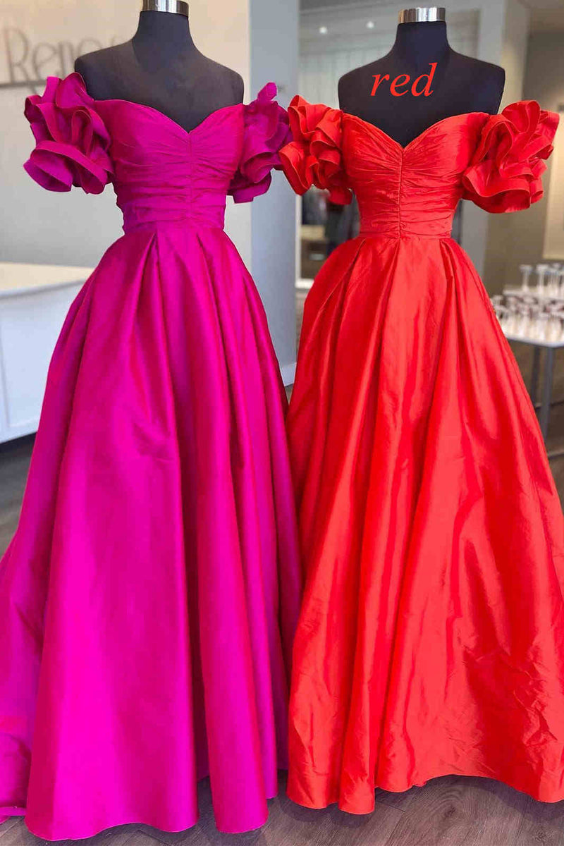 Fuchsia Off-the-Shoulder Ruffle Long Gown with Puff Sleeves