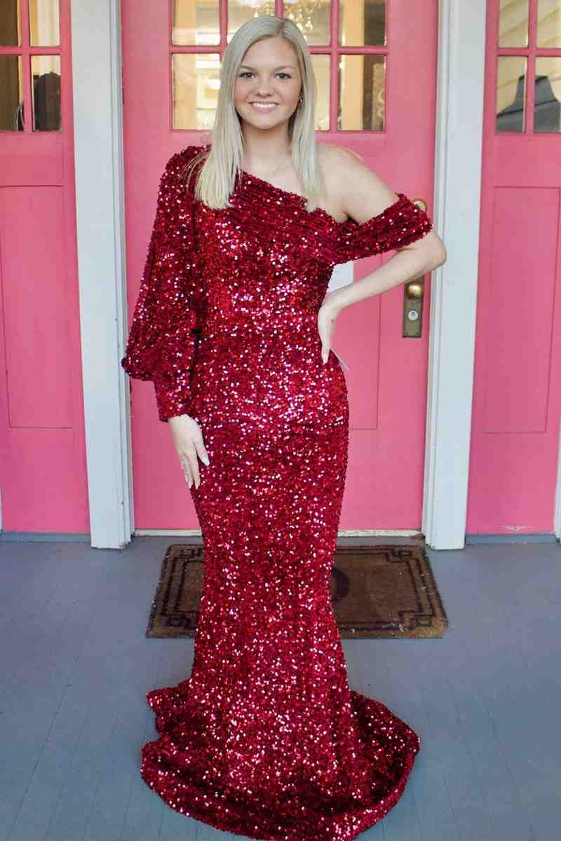 Asymmetrical Shoulder Burgundy Sequined Mermaid Prom Dress FancyVestido Asymmetrical Shoulder Burgundy Sequined Mermaid Prom Dress FancyVestido