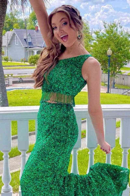 Green Two Piece Sequined One Shoulder Long Party Dress with Tassel