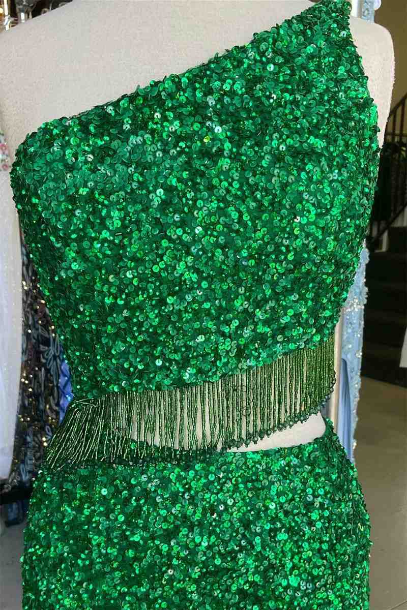 Green Two Piece Sequined One Shoulder Long Party Dress with Tassel